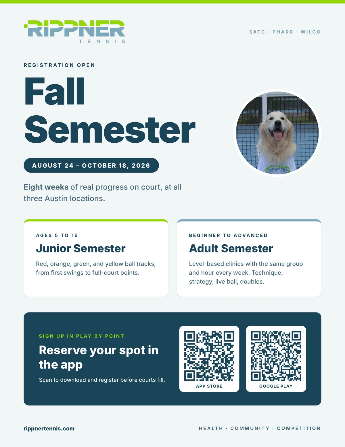RippnerTennis Fall Semester 2026, Junior and Adult Semester Programs, Aug 24 – Oct 18. Registration open in the Rippner Tennis Club app.